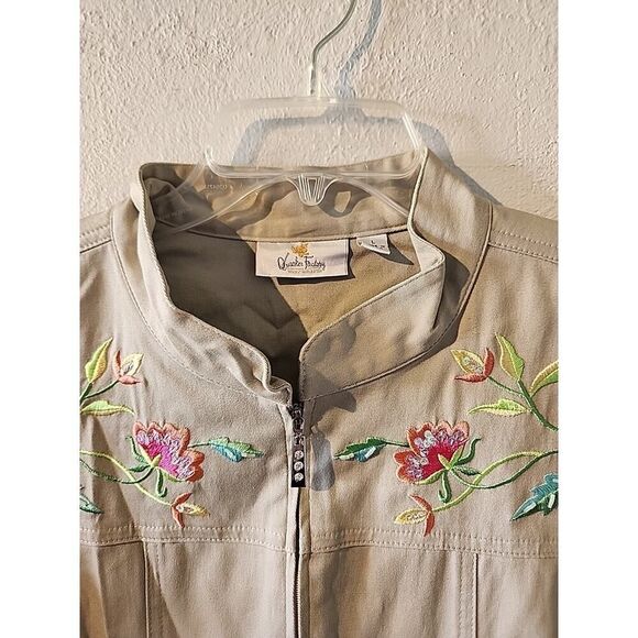 Quacker Factory Jacket Tan Embroidered Floral Spring Zip Up Womens Size Large L - Picture 4 of 8
